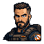 This pixel art portrait features a stern-looking, blue-eyed character in tactical gear, possibly military personnel. The detailed rendering and American flag patch add depth to the otherwise retro style.
