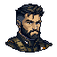 This pixel art portrait captures a stern and determined individual, possibly a soldier, with a focused gaze and detailed beard. The subject's serious expression and military-esque attire against a black backdrop create a strong and rugged vibe.