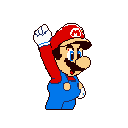 This pixel art depicts Mario in a joyful, celebratory pose, fist raised high against a black backdrop. The iconic Nintendo hero is instantly recognizable in his classic red and blue attire, radiating energy and nostalgia.