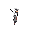 A mysterious panda-masked warrior stands ready, sword sheathed and pouch at their side. Clad in grey and black, this cloaked figure exudes stealth and intrigue.