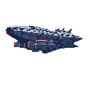 This pixel art image showcases a detailed, blue-gray spaceship with red accents, evoking a retro sci-fi feel. The intricate design and weaponry suggest a powerful vessel ready for interstellar travel.