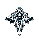 A detailed, monochromatic pixel art spaceship, rendered in shades of white and gray, is depicted from a top-down perspective. The symmetrical design and intricate details suggest a futuristic and industrial aesthetic.
