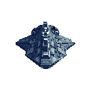 A cool, monochromatic pixel art spaceship dominates the frame, its angular design and detailed weaponry hinting at immense power. The symmetrical, blue-gray vessel evokes a sense of industrial strength and technological advancement.