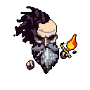 A stern, top-down wizard wields a flaming sword in this pixel art image. The character's long hair and beard, combined with the bright fire on his blade, create a mysterious and slightly ominous scene.