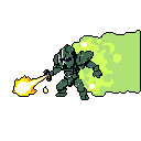 A futuristic, heavily armored warrior unleashes a fiery blast from their weapon amidst a swirling cloud of toxic green energy. The pixel art's high-contrast palette and dynamic pose create an intense, action-packed scene.