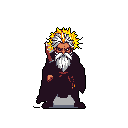 A stern, pixelated wizard stands ready, his dark robes contrasting with the vibrant halo emanating from his head, suggesting immense power. He holds a staff and gazes intently, creating an aura of mystique and quiet authority. The black background emphasizes his presence.