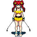 This pixel art features a vibrant anime-style girl with bright red pigtails and a sunny yellow outfit, gazing directly at the viewer with striking blue eyes. She's a cheerful and energetic character against a stark black background.