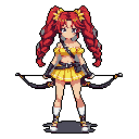 A cheerful pixel art archer with vibrant red pigtails and a bright yellow outfit stands ready, dual-wielding glowing bows. Her design blends playful energy with hints of adventure.