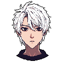 This pixel art portrait captures a young, white-haired individual with a neutral expression, facing the viewer with a slightly melancholic air. The muted color palette and stoic gaze create an introspective mood in this retro-styled headshot.