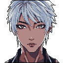 A pixel art portrait features a young man with spiky gray hair, rendered in muted tones with subtle details, looking directly forward with a neutral yet slightly intense gaze.