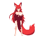 A red fox-girl delicately holds a glowing orb in this mystical pixel art, her vibrant tail and ears contrasting against her muted attire in the black void.