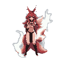 A mysterious, anime-style fox spirit with fluffy white tails stands defensively, her shadowed expression hinting at a guarded nature. Dominated by a red and earthy color palette, the pixel art figure exudes a confrontational yet captivating aura.