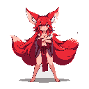 This pixel art features a cute and subtly sensual fox-girl character with crossed arms, rendered in striking shades of red. She stands poised with fox ears and a bushy tail, her neutral expression adding to the image's captivating charm.