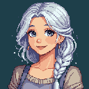 This pixel art portrait features a serene young woman with silver hair and a gentle smile. The close-up shot highlights her soft expression and simple attire, creating a peaceful, nostalgic vibe. Tiny, shimmering pixels around her hair add a subtle touch of magic.