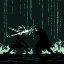 A dramatic pixel art scene captures two figures locked in a tense, rain-soaked battle, with one unleashing bright teal energy against a shadowy opponent. The monochromatic palette and heavy rain amplify the intensity and sense of danger.