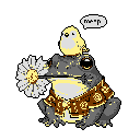 A gentle giant frog wearing a patterned vest offers a daisy to a tiny bird perched on its head, who "meeps" in response. This charming pixel art scene captures a moment of sweet companionship between unlikely friends.