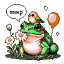 A charming pixel art image features a rotund frog holding a daisy in its mouth with a little bird perched on its back, seemingly saying "meep." The whimsical scene is set against a dark background with sparse details.