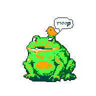 A plump, green pixel art frog sports a tiny yellow chick perched on its head, complete with a "meep" speech bubble. The simple design and vibrant colors create a cute and whimsical scene against a stark black background.