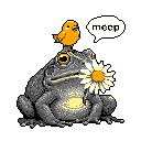 This pixel art depicts a cute, gray frog holding a daisy while a vibrant yellow bird perches on its head, chirping a friendly "meep."