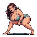 This pixel art image features a confident woman in teal lingerie, striking a seductive pose with a playful expression. Her warm skin tones and detailed rendering create a captivating and alluring character portrait.