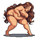 This pixel art depicts a curvaceous woman in a dynamic pose, her expression suggesting effort or pleasure. Dark brown hair flows around her, intertwined with strange, pale blue fragments, against a stark black background.