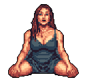 A pixelated young woman sits cross-legged, her face expressing surprise or shock with wide eyes and an open mouth. The minimalist portrait focuses on raw emotion and vulnerability through its limited color palette and isolated figure.