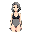 A pixel art image presents a pale-skinned woman with short, dark grey hair and freckles, wearing a dark swimsuit. Her expression is neutral, and the stark black background isolates her figure.