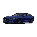 This pixel art showcases a sleek, dark blue sedan in a minimalist style. The car's modern design and subtle details are highlighted against a stark black background. The image evokes a sense of automotive appreciation with a nostalgic, low-resolution aesthetic.