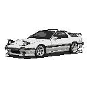 This pixel art showcases a meticulously detailed Mazda RX-7 FC, its pop-up headlights up, rendered in a striking monochromatic palette. The image captures the essence of classic JDM automotive design with careful attention to form and detail.