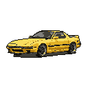 This pixel art image showcases a vibrant yellow Mazda RX-7 (FC3S), a classic 90s sports car, in a sleek side profile. The retro aesthetic and stark black background highlight the iconic JDM design.