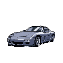 This pixel art image features a stylized grey sports car, reminiscent of a Mazda RX-7 FD3S, rendered in a cool, muted palette against a stark black background. The design evokes a nostalgic feel, like a sprite from a classic racing game, emphasizing the car's sleek form.