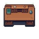 A pixel art wooden desk, rendered in earthy tones, sits isolated against a black background. The scene is still and quiet, featuring a teal book, a small dish, a bottle-shaped object, and a greenish-grey artifact atop the detailed desktop.