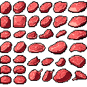 This pixel art showcases a collection of raw meat chunks in varying shapes and sizes, rendered in a simple, muted red and pink palette against a black background. The static composition evokes a retro game resource icon.