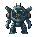 A heavily armored, blue-gray mech, complete with visible human pilot in an orange jumpsuit, stands ready for action, its rusted exterior hinting at a long history of service. Shoulder-mounted weapons and antenna-like structures complete its imposing, retro-futuristic silhouette.
