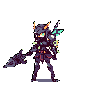 A determined, armored female warrior stands ready with her multi-pronged spear, glowing orb near the handle, adorned with wing-like protrusions and horned helmet. The pixel art focuses on her preparedness, showcasing a cool, fantasy-inspired design.