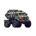 This pixel art depicts a heavily armored, six-wheeled military vehicle, rendered in muted greens and greys, poised and ready for action. Its utilitarian design and robust features suggest a vehicle built for heavy-duty transport.