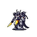 A heavily armored, futuristic knight stands ready for battle, clutching a glowing golden spear. The imposing figure, detailed in metallic grays and blacks with fiery orange highlights, exudes power and danger.