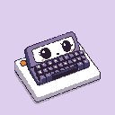 This pixel art features a cute, anthropomorphic calculator with anime-style eyes, resting on a simple white base. Its muted purple and pastel color scheme give it a whimsical and playful vibe.