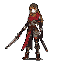 A pixel-art female warrior stands ready, her red scarf and glowing orange eyes providing a striking contrast to her earthy armor as she grips her spear and sheathed sword. Her confident stance and watchful gaze evoke a sense of quiet strength and impending adventure.