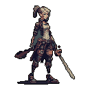A determined pixel art warrior stands ready, wielding a paddle and a serrated staff. Her detailed attire and somber color palette hint at a fantasy or post-apocalyptic world. The lone character is set against a black void.