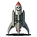 This pixel art features a skeletal rocket ship standing ready for launch, its skull-like head and ribcage body creating a macabre yet whimsical design against a stark black background. The muted greys are punctuated by vibrant red accents, blending retro-futurism with gothic undertones.