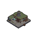 This pixel art showcases a lonely, dilapidated workshop or factory in isometric view. Its muted colors and signs of decay evoke a melancholic, post-apocalyptic feeling of abandonment.