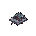 This isometric pixel art showcases a blocky, industrial structure or fortified dwelling with detailed architecture. It sits atop a rocky platform, presented as a game asset against a stark black background. The muted color palette evokes a desolate atmosphere.