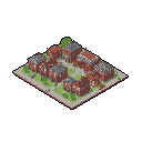 This pixel art showcases a dense, isometric neighborhood of brick buildings with muted, earthy tones. Tiny patches of greenery and winding paths suggest a quiet, miniature town, evoking a sense of calm.