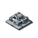 This pixel art shows a lone, grey, isometric ruin with a central dome, evoking a sense of ancient mystery. Its simple, monochromatic style and broken walls suggest age and isolation.