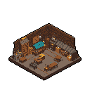 This isometric pixel art scene depicts a detailed workshop interior filled with tools and materials, showcasing a rustic and slightly gritty atmosphere. A splash of turquoise-blue adds a unique color accent to the earthy palette, hinting at forgotten crafts and quiet industry. The prominent black background isolates the workshop.