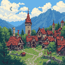 This pixel art showcases a charming European-style village with timber-framed buildings and red-tiled roofs, dominated by a central tower. The intricate details and lush surroundings evoke a peaceful and idyllic atmosphere.