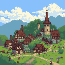 This pixel art showcases a charming, medieval-fantasy village with half-timbered buildings and reddish-brown roofs, highlighted by a fortified tower. Winding paths connect the village nestled on a verdant hillside, creating a peaceful and inviting scene.