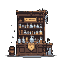 This pixel art showcases a detailed, antique apothecary cabinet filled with colorful potions and alchemical ingredients, evoking a sense of old-world mystery and charm. The ornate wooden structure and diverse collection of bottles hint at forgotten knowledge and a touch of magic.