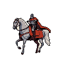 A pixelated knight in full armor rides his horse against a stark black backdrop, his crimson cloak a striking contrast to the muted tones of his armor and steed. The detailed rendering and commanding posture evoke a sense of classic fantasy and solemn strength.